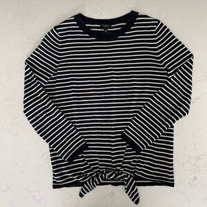 Talbots Petites LS Tie Detail Crew Nk Striped Cotton Tencel Top Navy Wht Sz SP